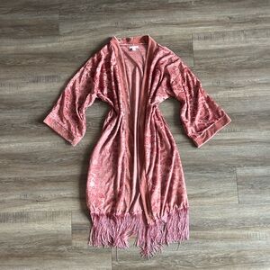 New York & Company Blush Pink Velvet Floral Fringe Duster Cardigan